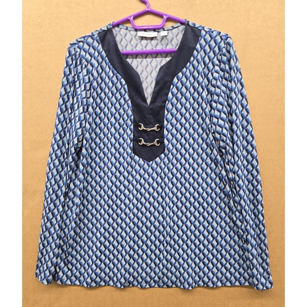 Susan Graver Blue Gray Black Geometric V-Neck Long Sleeve Knit Blouse M